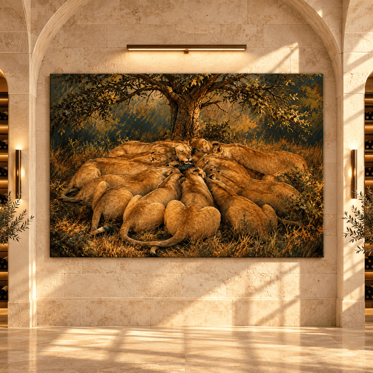 Lioness Pride Feeding Canvas Wall Art – African Lions Under Acacia Tree Wildlife Oil Painting - ART OF ROYALS
