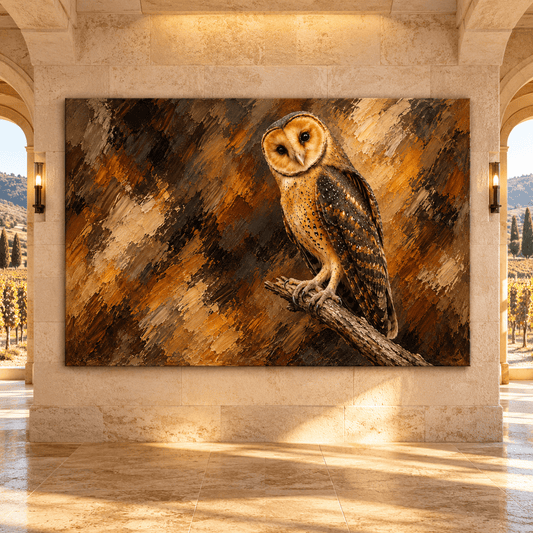 Golden Barn Owl Canvas Wall Art – Heart-Shaped Face Owl Perched on Rustic Branch Oil Painting - ART OF ROYALS