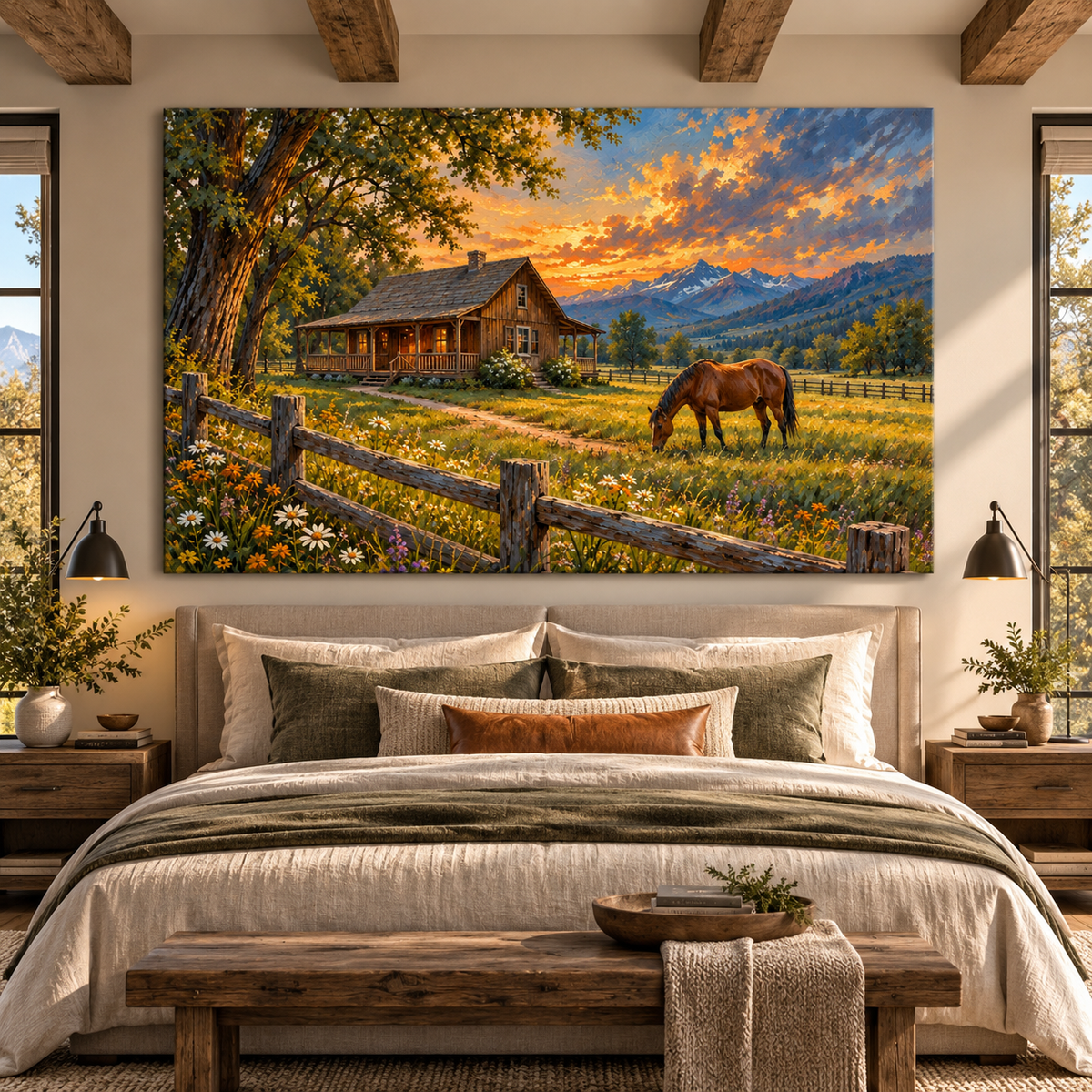 Rustic Ranch Cabin & Horse Wrapped Canvas Wall Art – Mountain Homestead Landscape Painting