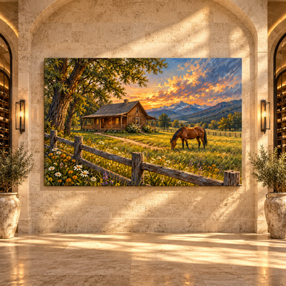 Rustic Ranch Cabin & Horse Wrapped Canvas Wall Art – Mountain Homestead Landscape Painting