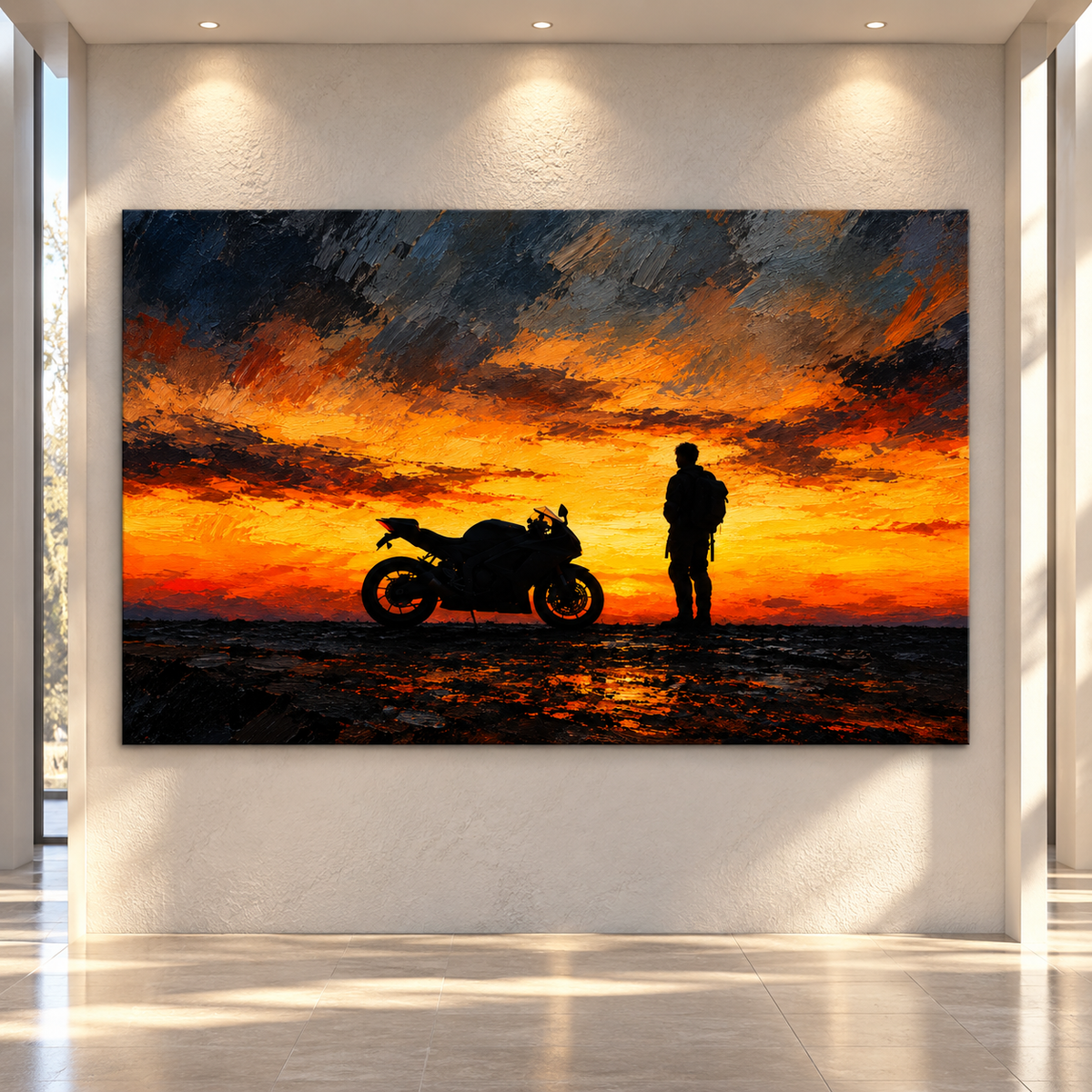 Motorcycle Rider at Sunset Wrapped Canvas Wall Art – Sportbike Adventure Silhouette Painting