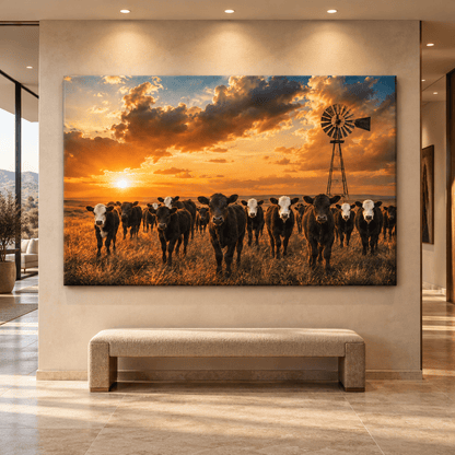 Curious Black Baldy and Black Angus Calves at Golden Sunset Canvas Wall Art – Ranch Calf Herd Print - ART OF ROYALS