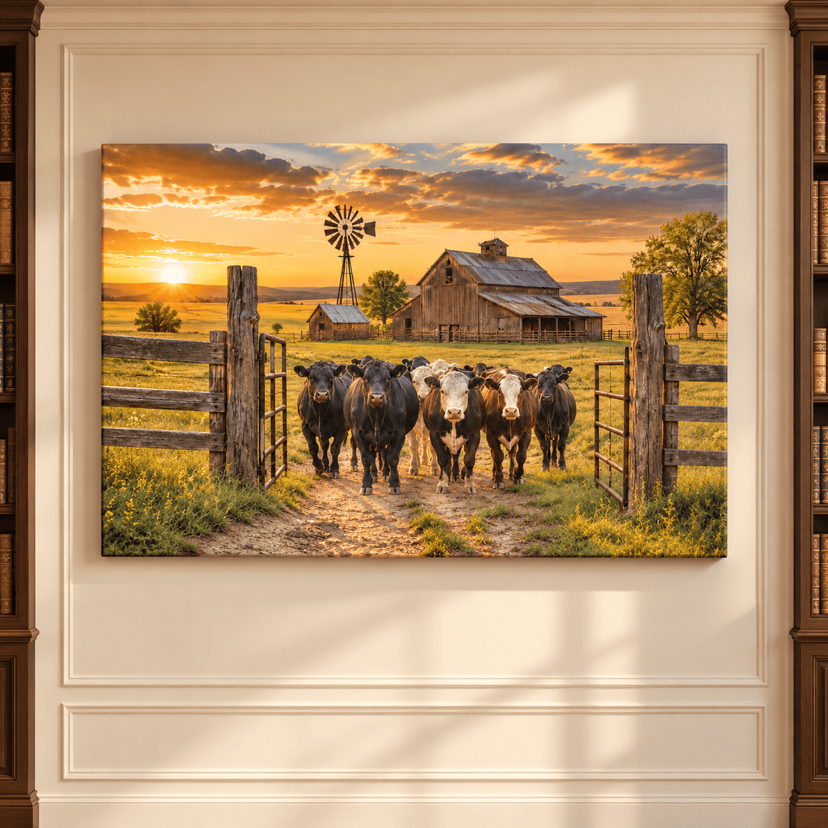 Coming Home – Cattle Herd at the Ranch Gate Canvas Wall Art - ART OF ROYALS