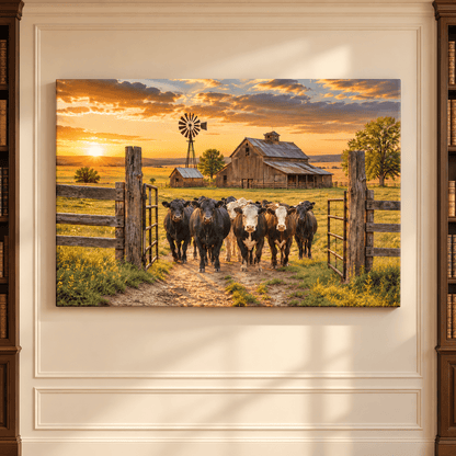 Coming Home – Cattle Herd at the Ranch Gate Canvas Wall Art - ART OF ROYALS