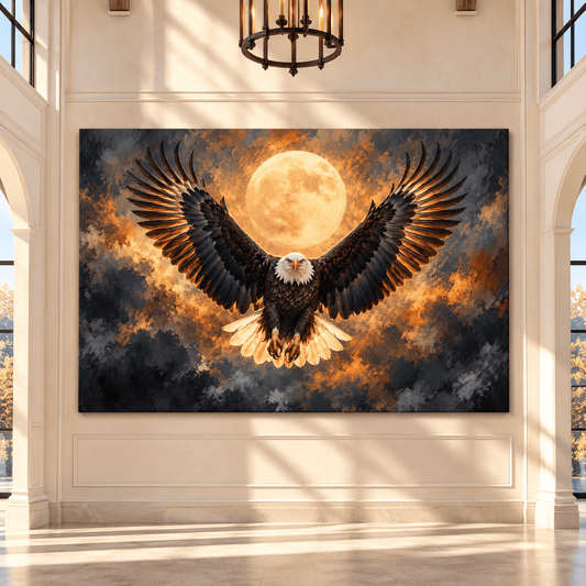 Bald Eagle Full Moon Canvas Wall Art – Majestic Eagle with Spread Wings Wildlife Oil Painting - ART OF ROYALS