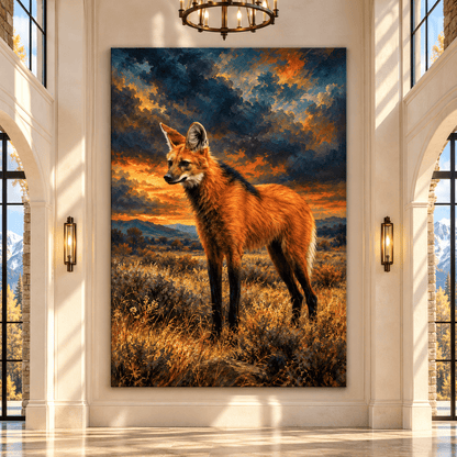 Maned Wolf at Sunset Canvas Wall Art – Golden Grassland Wildlife Oil Painting - ART OF ROYALS