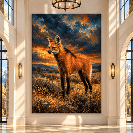 Maned Wolf at Sunset Canvas Wall Art – Golden Grassland Wildlife Oil Painting - ART OF ROYALS