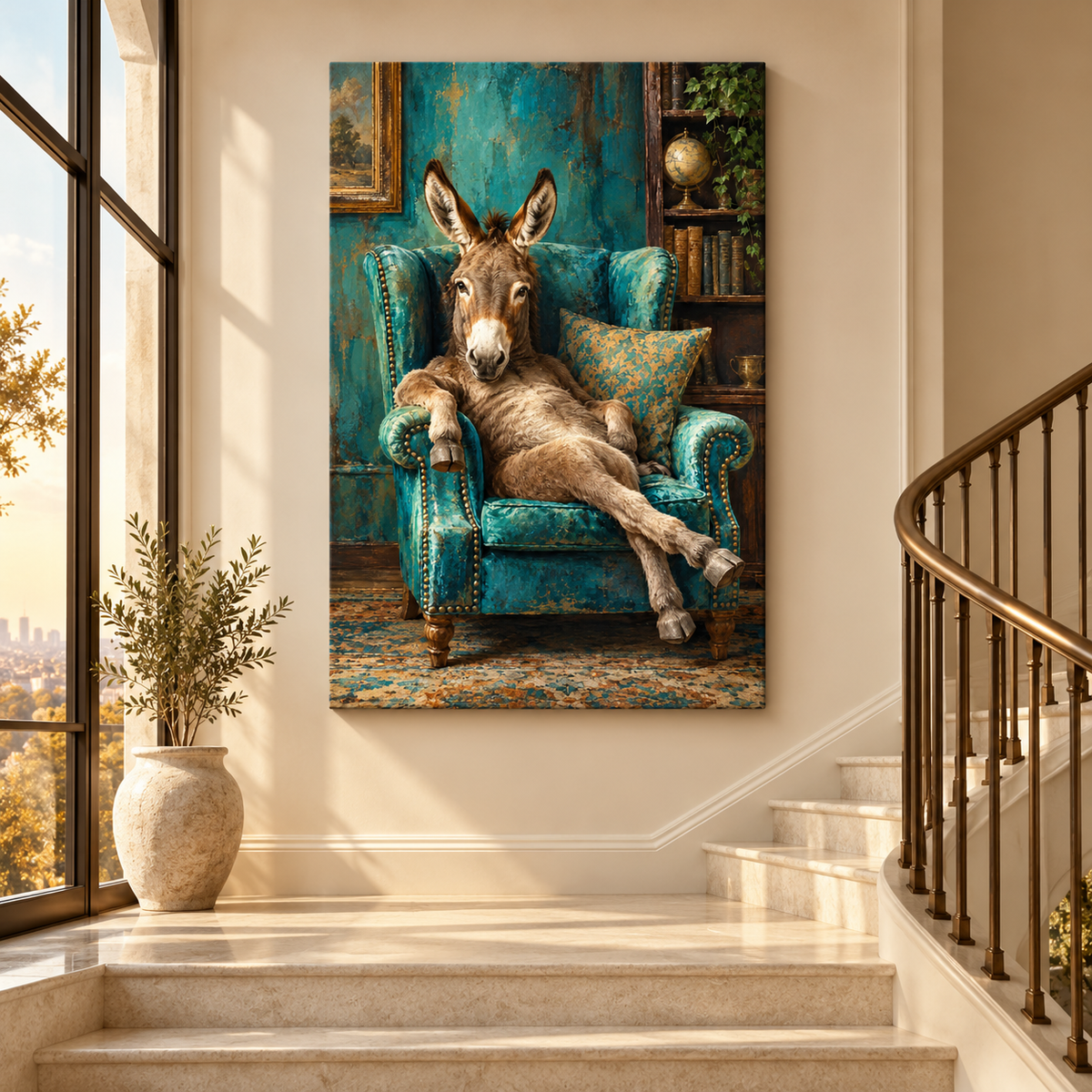 Relaxed Donkey in Teal Wingback Chair Wrapped Canvas Wall Art – Funny Eclectic Farm Animal Print