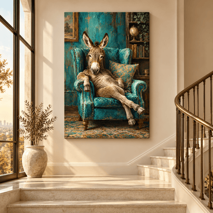 Relaxed Donkey in Teal Wingback Chair Wrapped Canvas Wall Art – Funny Eclectic Farm Animal Print