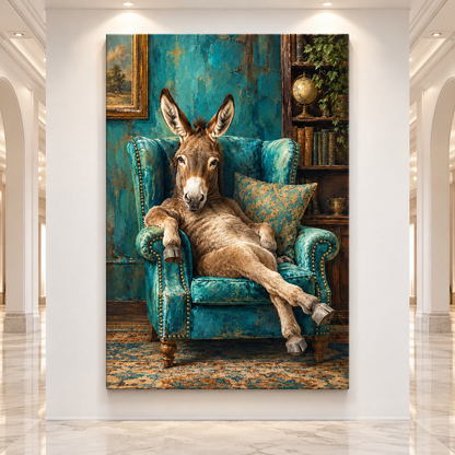 Relaxed Donkey in Teal Wingback Chair Wrapped Canvas Wall Art – Funny Eclectic Farm Animal Print
