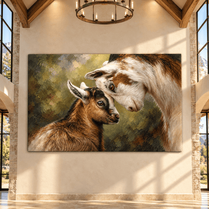 Mother Goat and Baby Kid Canvas Wall Art – Tender Farm Animal Portrait in Rustic Oil Painting - ART OF ROYALS