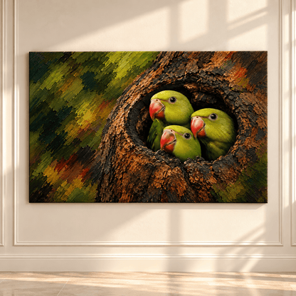 Indian Ringneck Parakeet Trio Wrapped Canvas Wall Art – Rose-Ringed Parakeets in Tree Hollow Painting - ART OF ROYALS