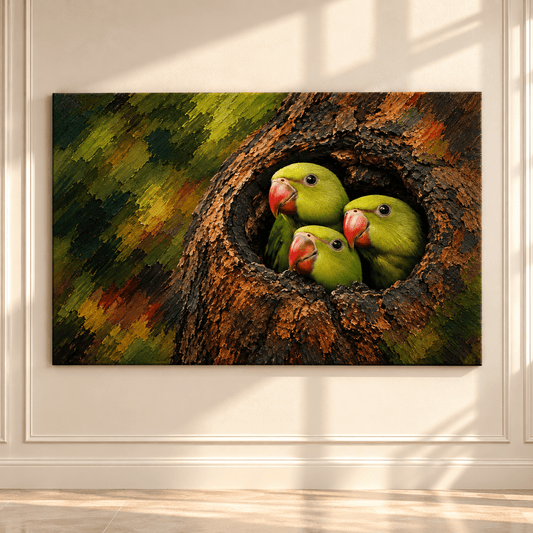Indian Ringneck Parakeet Trio Wrapped Canvas Wall Art – Rose-Ringed Parakeets in Tree Hollow Painting - ART OF ROYALS
