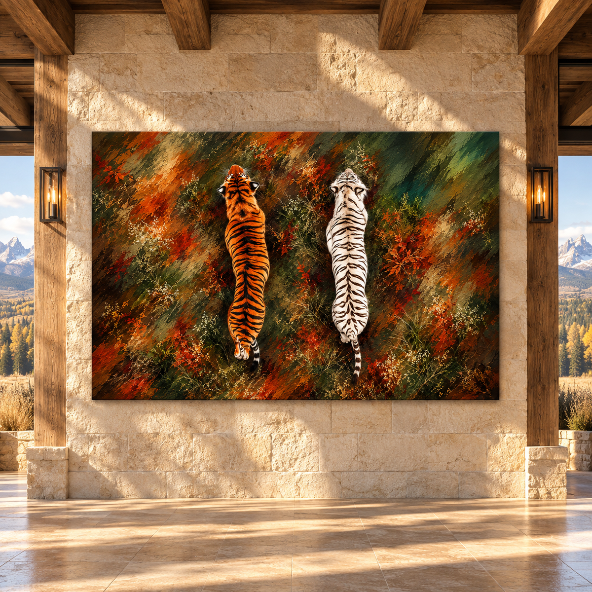 Bengal Tiger & White Tiger Wrapped Canvas Wall Art – Dual Tiger Wildlife Painting