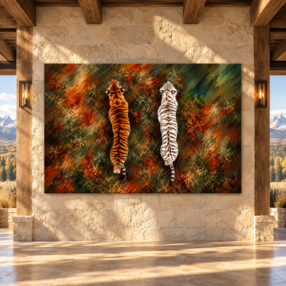 Bengal Tiger & White Tiger Wrapped Canvas Wall Art – Dual Tiger Wildlife Painting