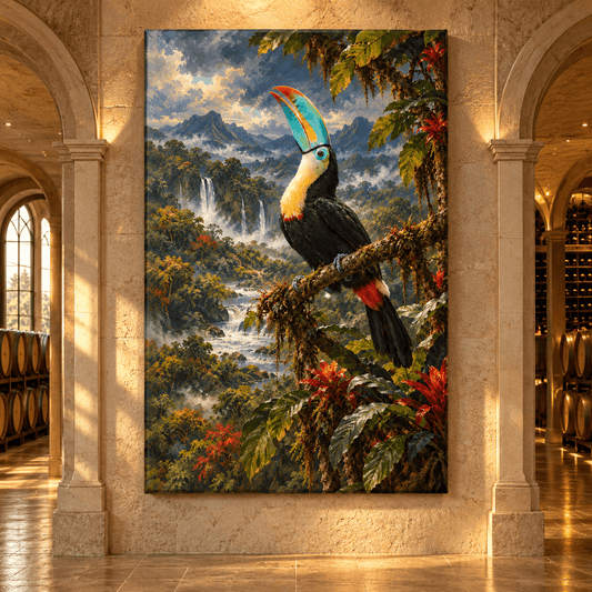Keel-Billed Toucan in Tropical Rainforest Wrapped Canvas Wall Art – Colorful Jungle Bird Painting - ART OF ROYALS