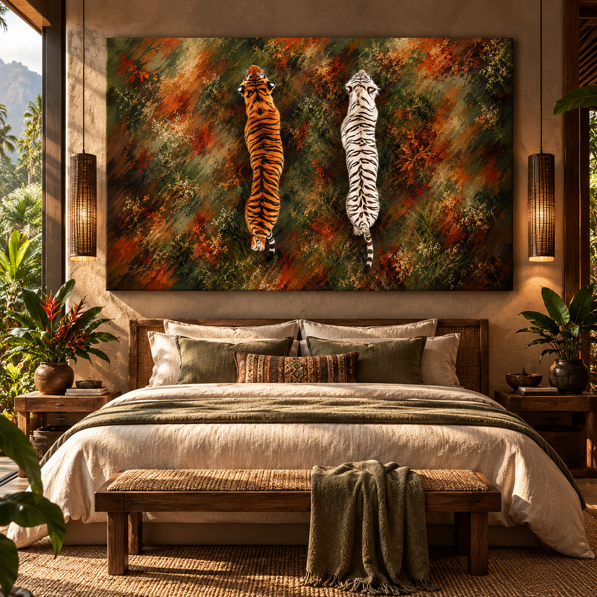 Bengal Tiger & White Tiger Wrapped Canvas Wall Art – Dual Tiger Wildlife Painting