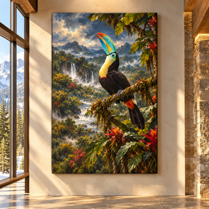 Keel-Billed Toucan in Tropical Rainforest Wrapped Canvas Wall Art – Colorful Jungle Bird Painting
