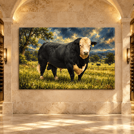 Black Baldy Bull Wrapped Canvas Wall Art – Black Angus Hereford Cross Cattle Painting - ART OF ROYALS