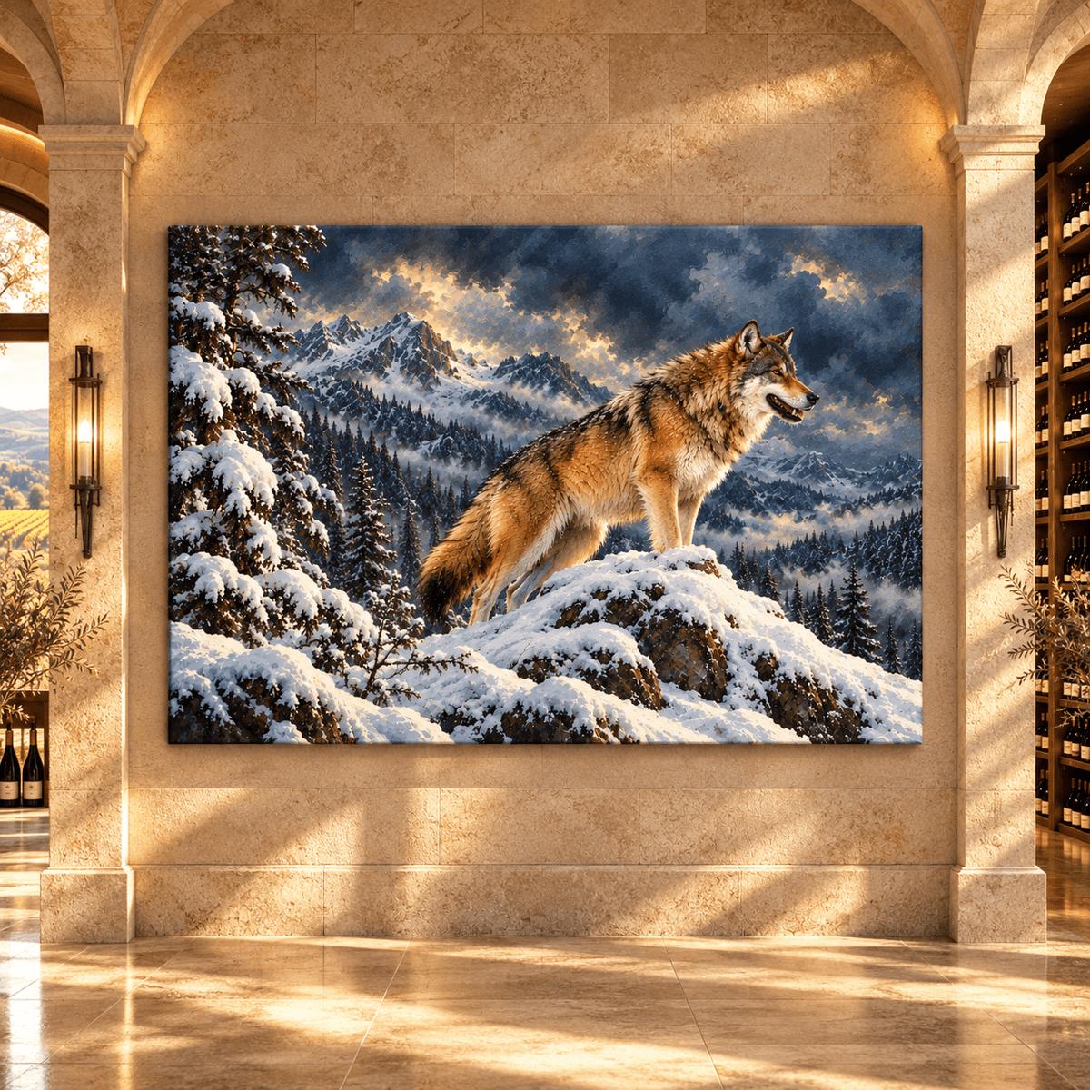 Gray Wolf on Snowy Mountain Wrapped Canvas Wall Art – Majestic Winter Wilderness Wolf Painting - ART OF ROYALS