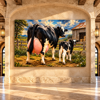 Holstein Dairy Cow and Calf Canvas Wall Art – Black and White Farm Cattle Rustic Barn Oil Painting - ART OF ROYALS