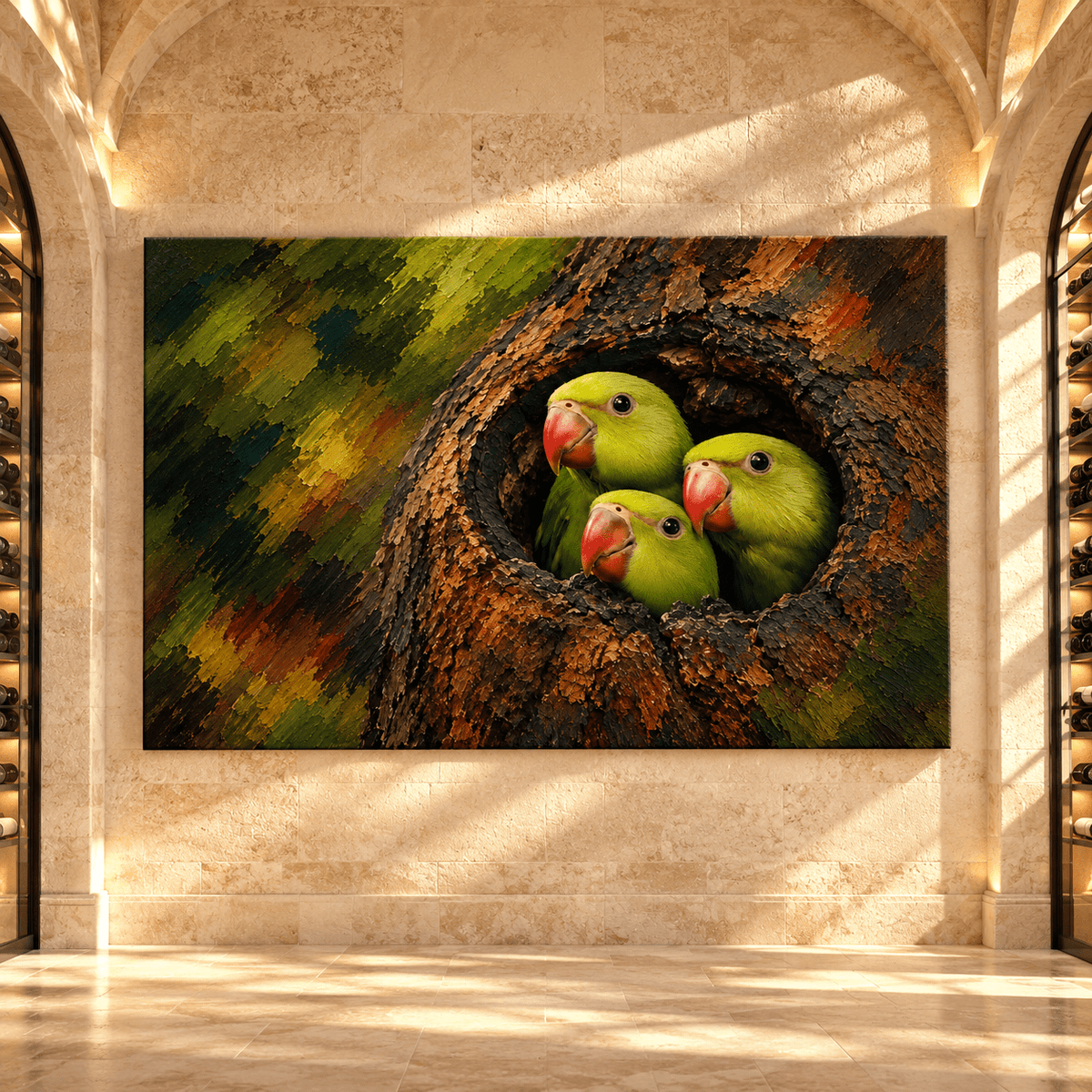 Indian Ringneck Parakeet Trio Wrapped Canvas Wall Art – Rose-Ringed Parakeets in Tree Hollow Painting - ART OF ROYALS