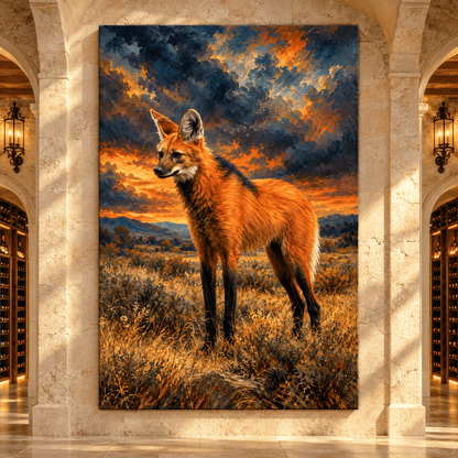 Maned Wolf at Sunset Canvas Wall Art – Golden Grassland Wildlife Oil Painting - ART OF ROYALS