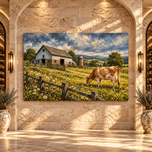 Guernsey Cow Farmhouse Wrapped Canvas Wall Art – Rustic Dairy Farm & Barn Landscape Painting - ART OF ROYALS