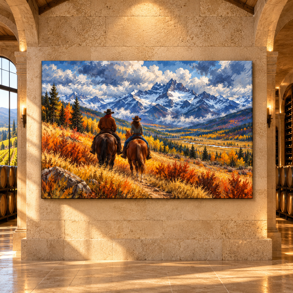 Cowboy Couple Horseback Riding Wrapped Canvas Wall Art – Autumn Mountain Western Landscape Painting