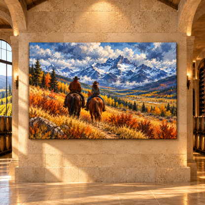 Cowboy Couple Horseback Riding Wrapped Canvas Wall Art – Autumn Mountain Western Landscape Painting