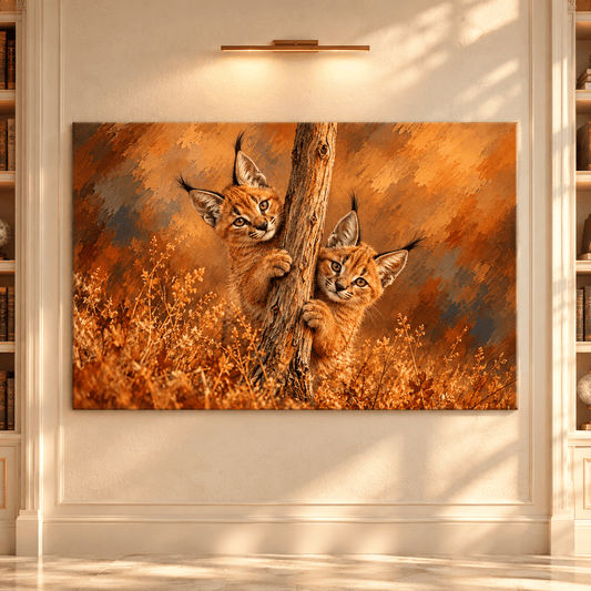 Caracal Kittens Wrapped Canvas Wall Art – African Wild Cat Cubs Painting - ART OF ROYALS