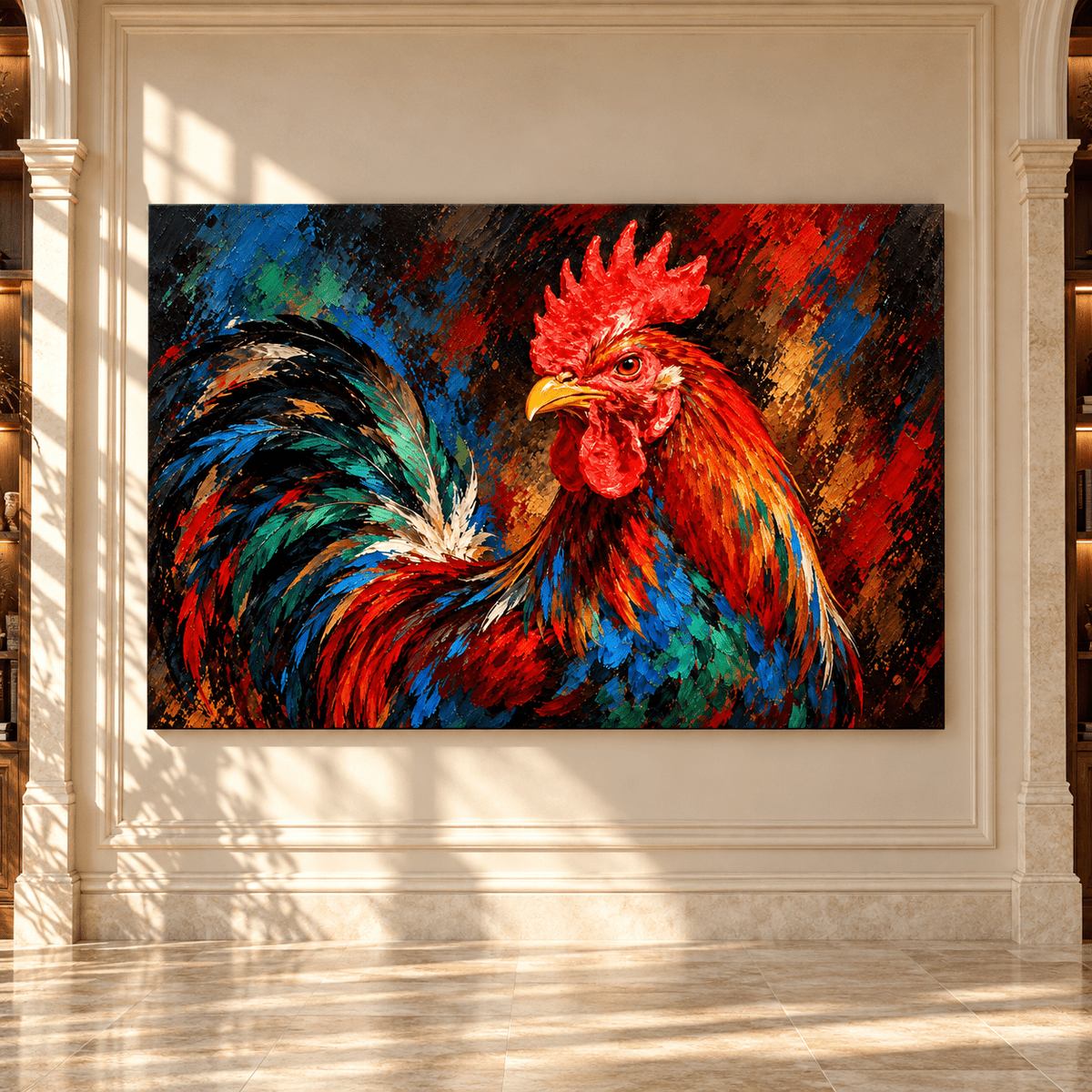 Colorful Rooster Wrapped Canvas Wall Art – Vibrant Farmhouse Chicken Painting