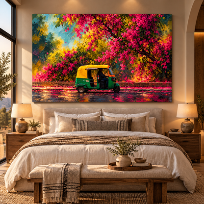 Colorful Indian Auto Rickshaw Canvas Wall Art – Green Tuk Tuk Under Pink Bougainvillea Oil Painting - ART OF ROYALS