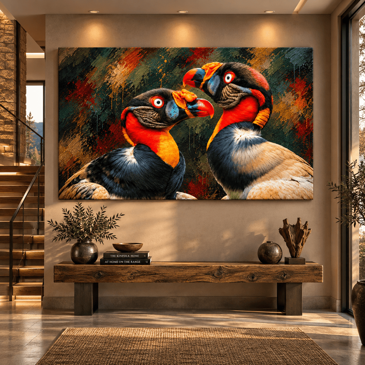 King Vulture Pair Wrapped Canvas Wall Art – Colorful Tropical Vulture Wildlife Painting - ART OF ROYALS