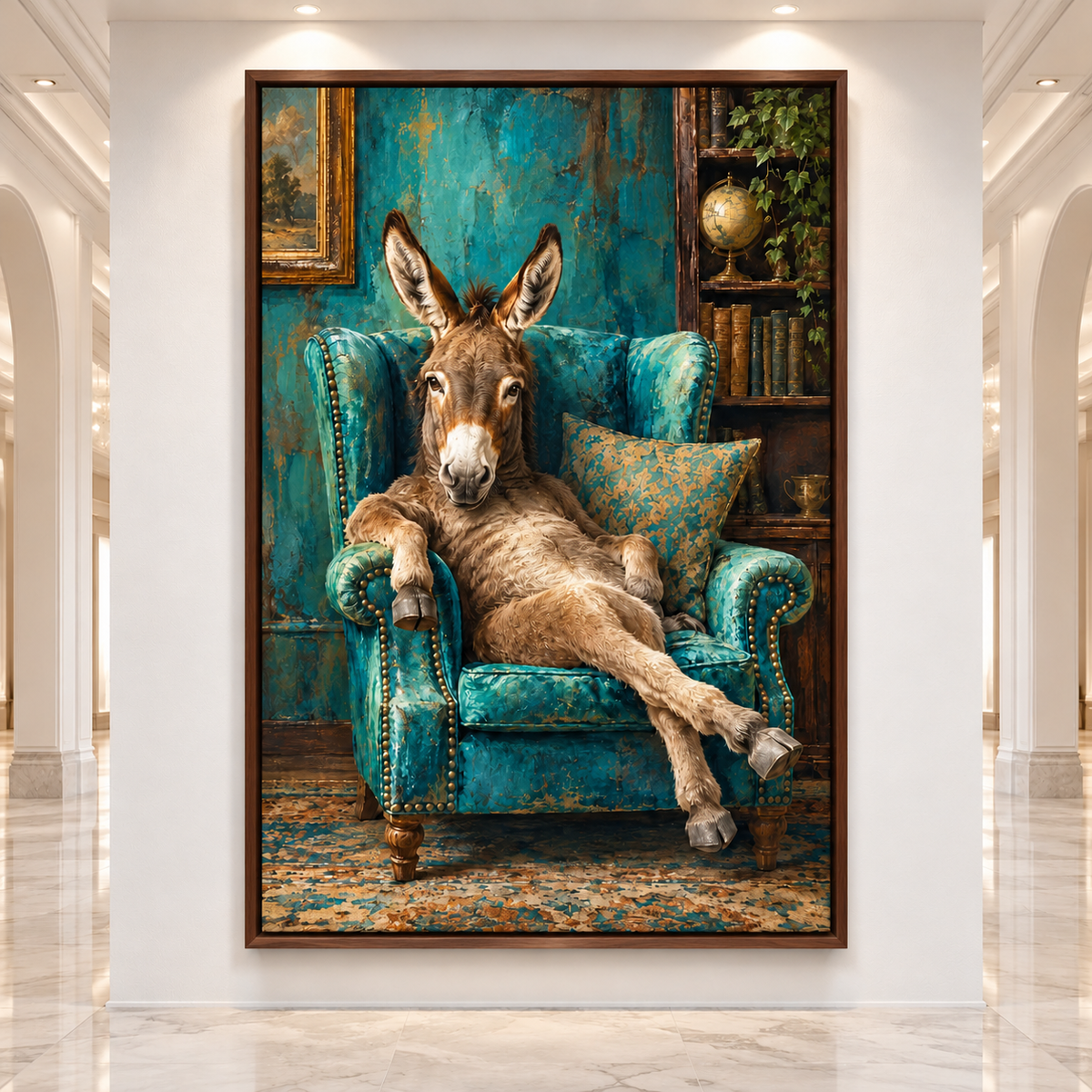 Relaxed Donkey in Teal Wingback Chair Wrapped Canvas Wall Art – Funny Eclectic Farm Animal Print