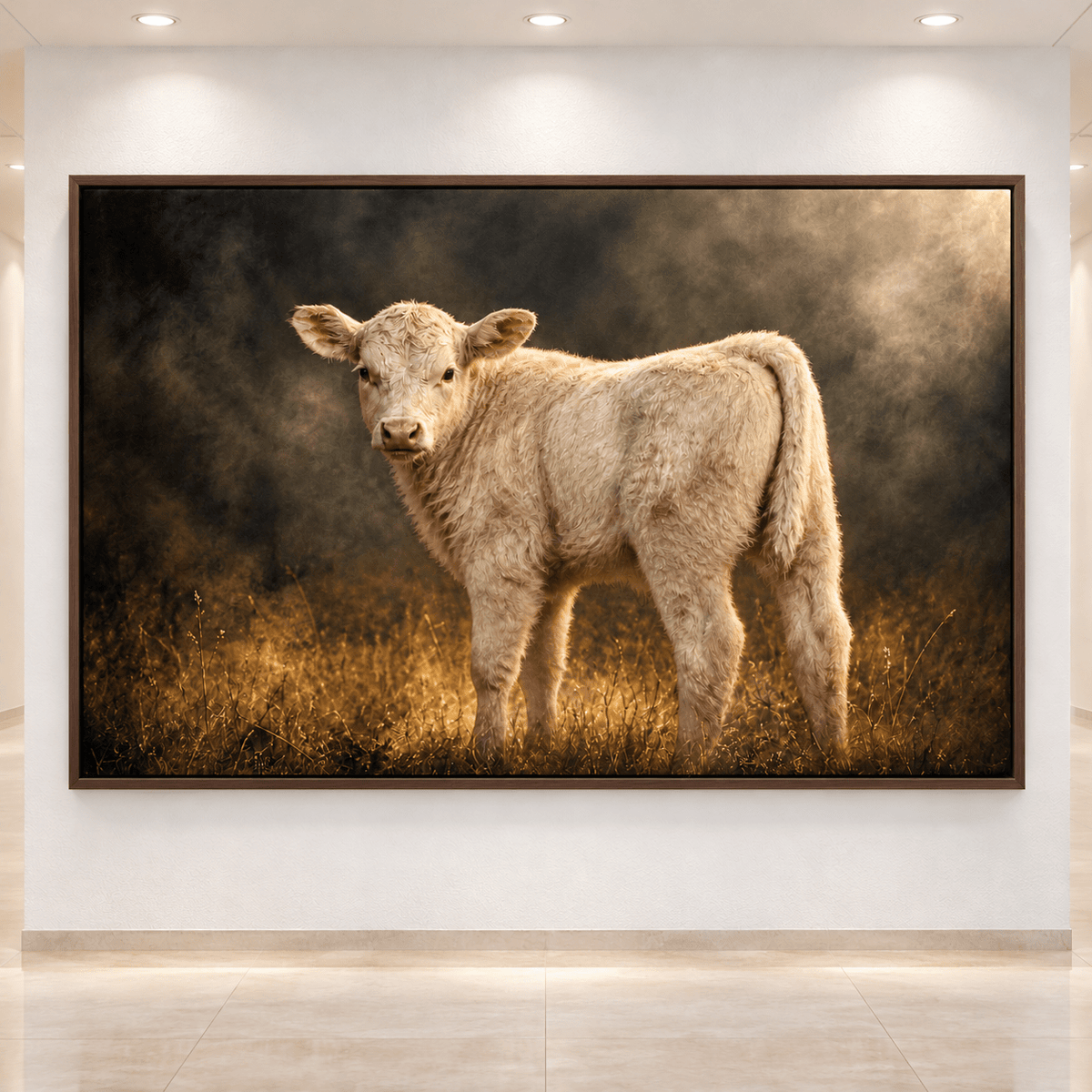 Cream White Charolais Calf in Golden Mist Wrapped Canvas Wall Art – Moody Cattle Portrait Print - ART OF ROYALS