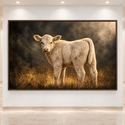 Cream White Charolais Calf in Golden Mist Wrapped Canvas Wall Art – Moody Cattle Portrait Print - ART OF ROYALS