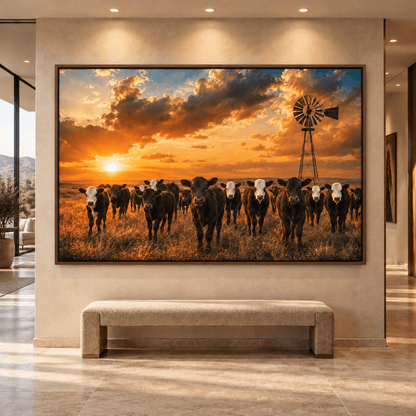 Curious Black Baldy and Black Angus Calves at Golden Sunset Canvas Wall Art – Ranch Calf Herd Print - ART OF ROYALS