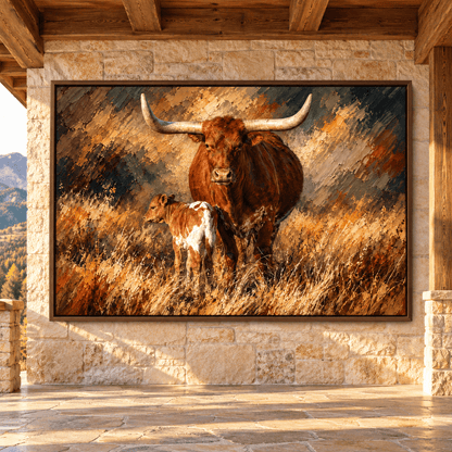Texas Longhorn Cow and Calf Impasto Palette Knife Wrapped Canvas Wall Art – Mother Cow Ranch Print