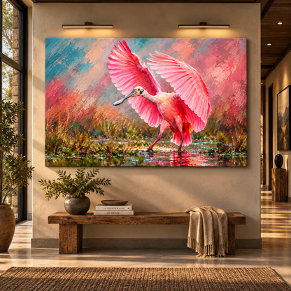 Roseate Spoonbill Wrapped Canvas Wall Art – Pink Wetland Bird Wildlife Painting