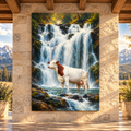 Hereford Cow at Waterfall Wrapped Canvas Wall Art – Rustic Cattle & Mountain Stream Painting