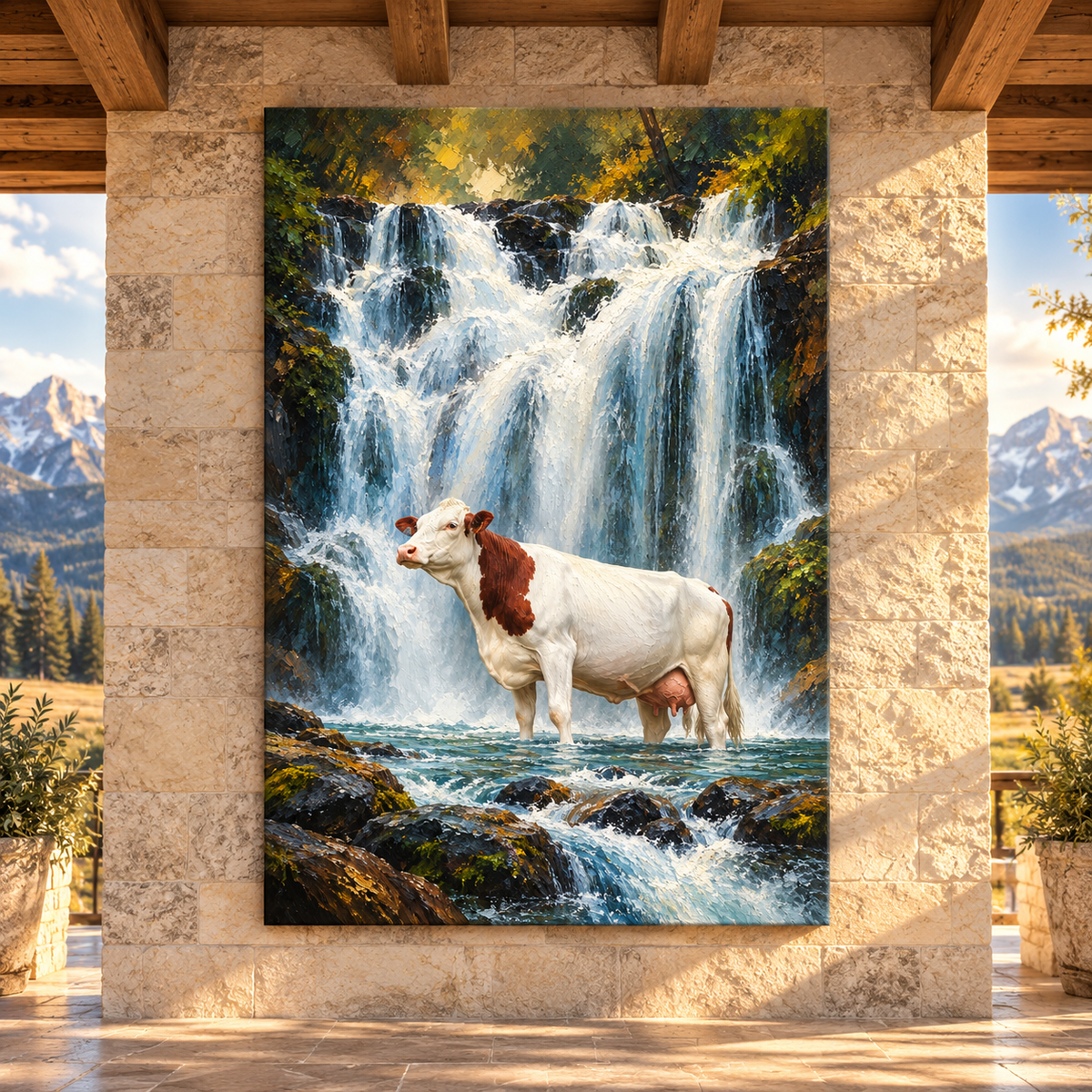 Hereford Cow at Waterfall Wrapped Canvas Wall Art – Rustic Cattle & Mountain Stream Painting