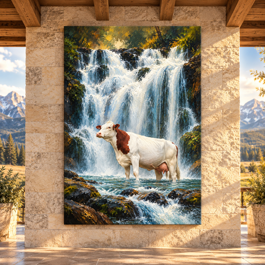 Hereford Cow at Waterfall Wrapped Canvas Wall Art – Rustic Cattle & Mountain Stream Painting - ART OF ROYALS