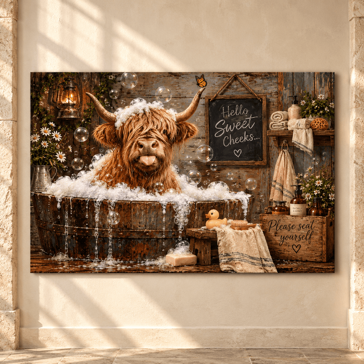 Funny Highland Cow Bathtub Canvas Wall Art – Hello Sweet Cheeks Rustic Farmhouse Bathroom Decor - ART OF ROYALS