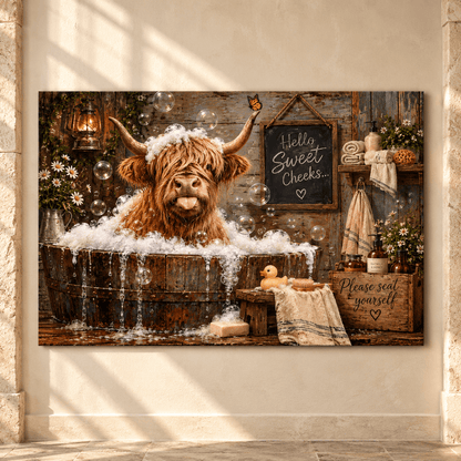Funny Highland Cow Bathtub Canvas Wall Art – Hello Sweet Cheeks Rustic Farmhouse Bathroom Decor - ART OF ROYALS