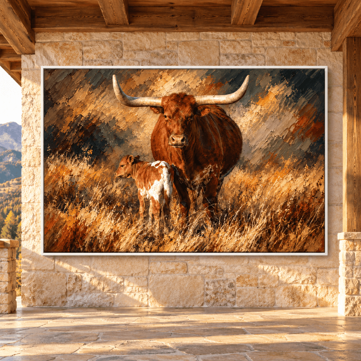 Texas Longhorn Cow and Calf Impasto Palette Knife Wrapped Canvas Wall Art – Mother Cow Ranch Print