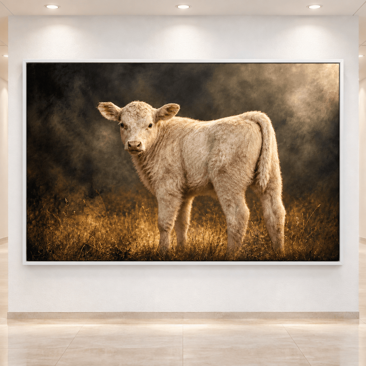 Cream White Charolais Calf in Golden Mist Wrapped Canvas Wall Art – Moody Cattle Portrait Print - ART OF ROYALS