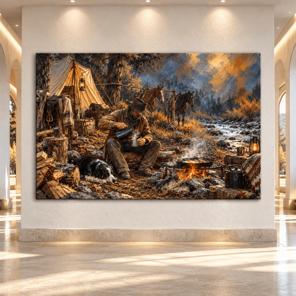 Cowboy Campfire Canvas Wall Art – Horses and Border Collie-Type Dog by a Mountain Creek - ART OF ROYALS