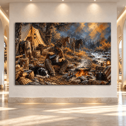 Cowboy Campfire Canvas Wall Art – Horses and Border Collie-Type Dog by a Mountain Creek - ART OF ROYALS
