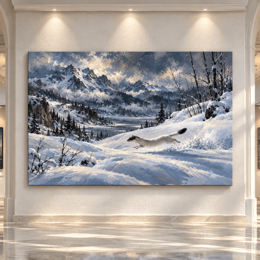 Stoat in Winter Snow Wrapped Canvas Wall Art – Ermine Running Through Alpine Landscape Painting - ART OF ROYALS